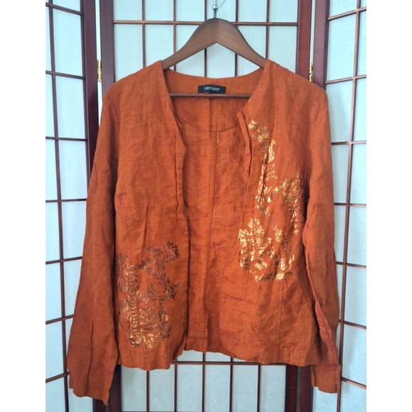 Karen Kane Linen Long Sleeve Jacket Unlined W/Frog Closure Size: 14 Rust/Gold - Picture 1 of 14